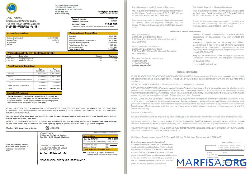 Realistic Barbados Caribbean Development bank mortgage statement, 2 pages, 1 2 scr example